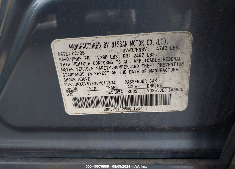 2006 INFINITI G35X VIN: JNKCV51F26M611534