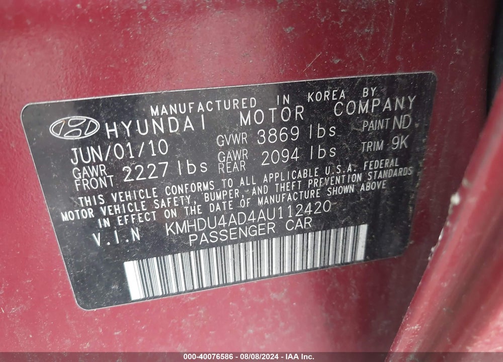 2010 HYUNDAI ELANTRA GLS VIN: KMHDU4AD4AU112420