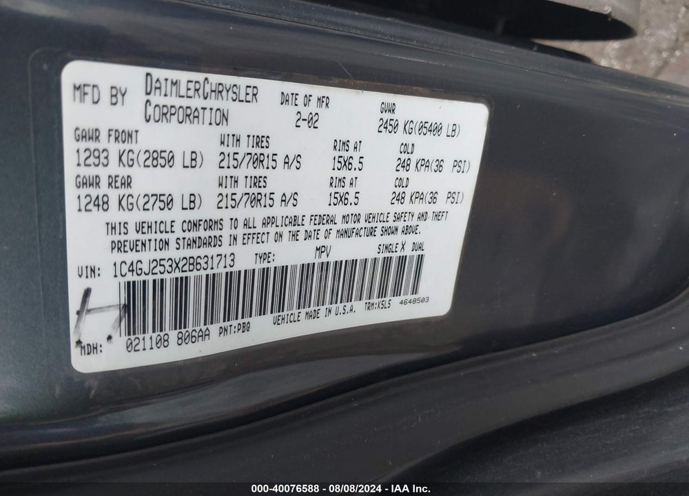 2002 CHRYSLER VOYAGER VIN: 1C4GJ253X2B631713