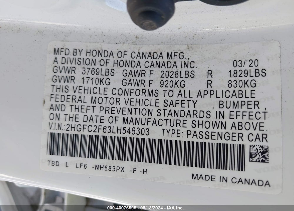 2020 HONDA CIVIC LX VIN: 2HGFC2F63LH546303