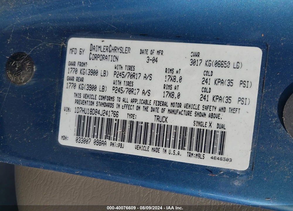 2004 DODGE RAM 1500 SLT/LARAMIE VIN: 1D7HU18D84J241766