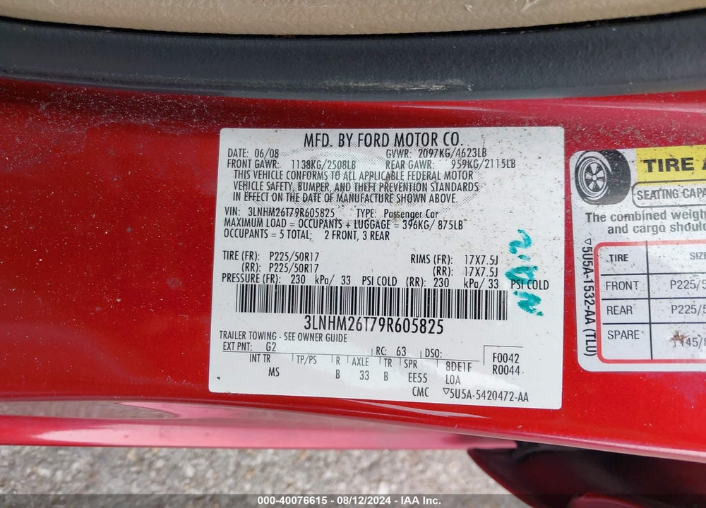 2009 LINCOLN MKZ VIN: 3LNHM26T79R605825