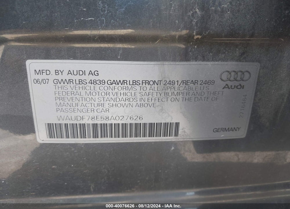 2008 AUDI A4 2.0T VIN: WAUDF78E58A027626