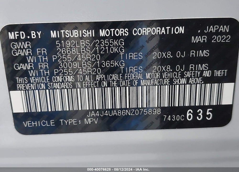 2022 MITSUBISHI OUTLANDER BLACK EDITION S-AWC/SE 2.5 S-AWC/SE LAUNCH EDITION S-AWC VIN: JA4J4UA86NZ075898