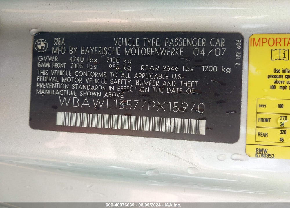 2007 BMW 328I VIN: WBAWL13577PX15970