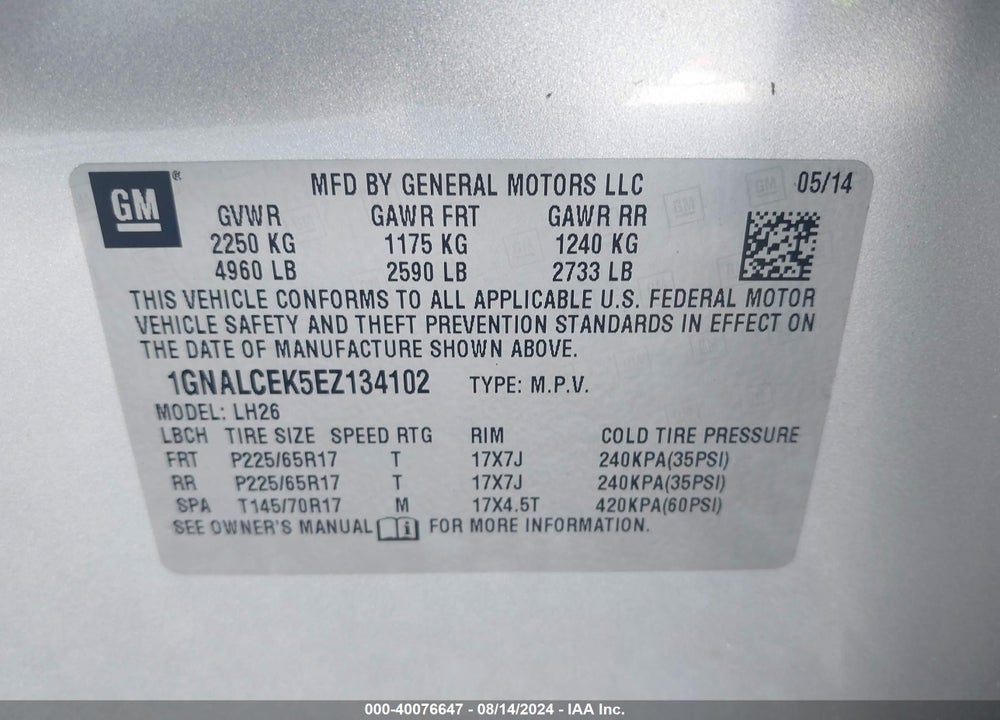 2014 CHEVROLET EQUINOX 2LT VIN: 1GNALCEK5EZ134102