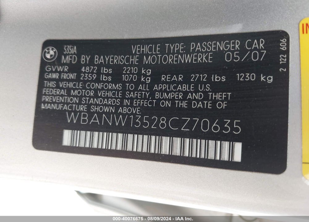 2008 BMW 535I VIN: WBANW13528CZ70635