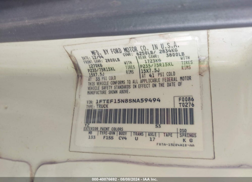 1995 FORD F150 VIN: 1FTEF15N8SNA59494