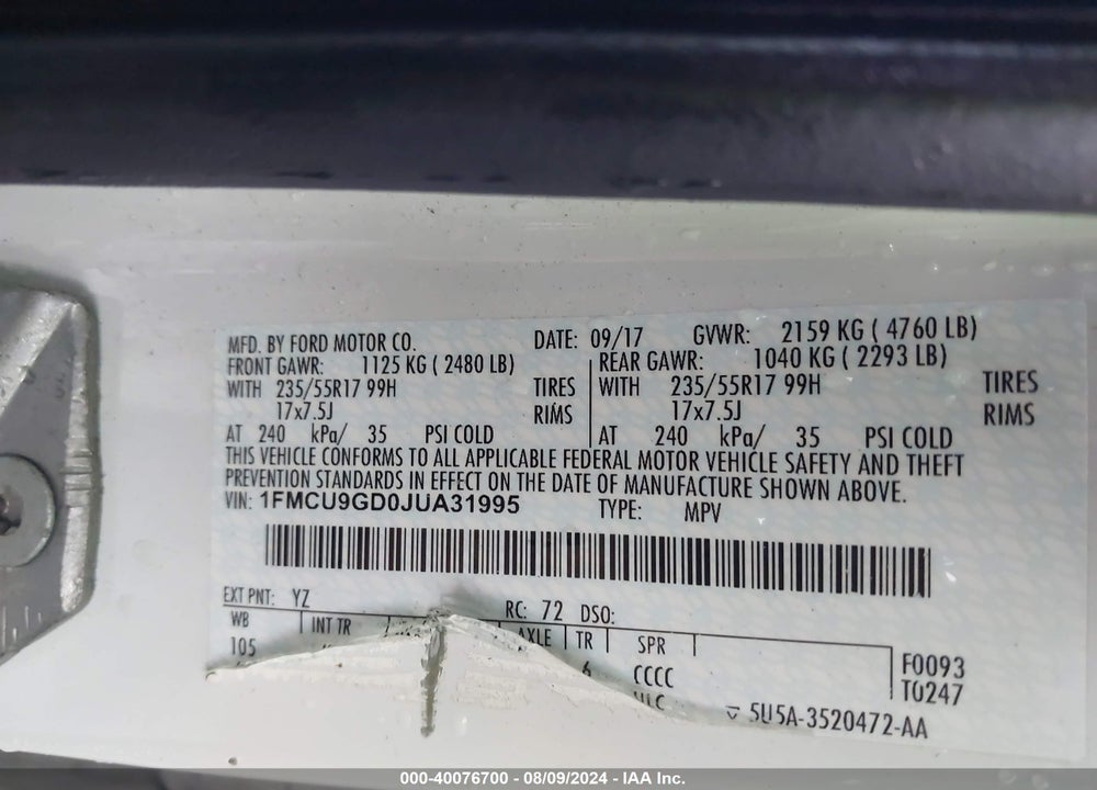 2018 FORD ESCAPE SE VIN: 1FMCU9GD0JUA31995