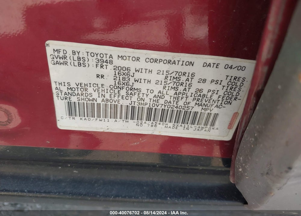 2000 TOYOTA RAV4 VIN: JT3HP10V7Y0240257