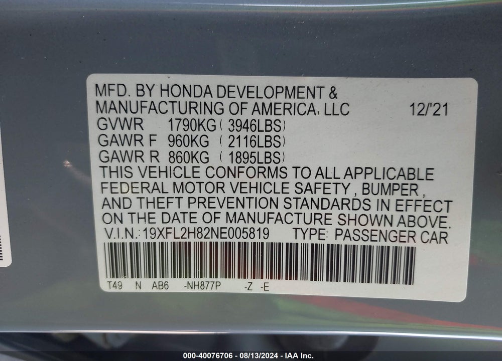 2022 HONDA CIVIC SPORT VIN: 19XFL2H82NE005819