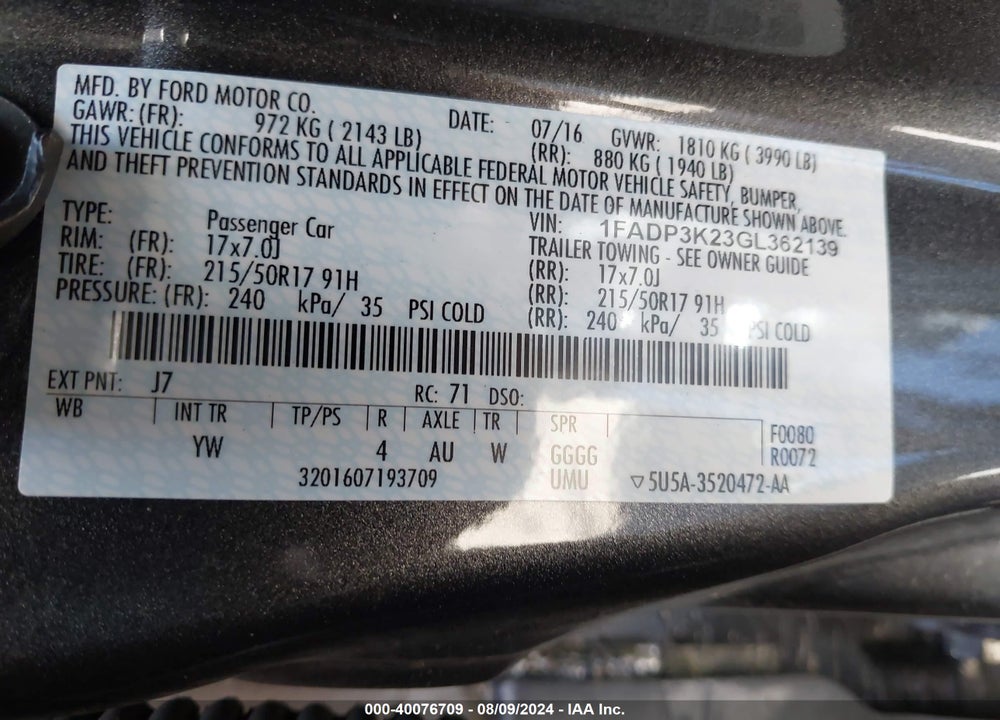 2016 FORD FOCUS SE VIN: 1FADP3K23GL362139