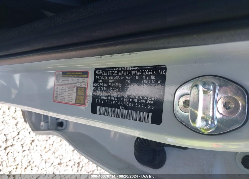 2019 KIA SORENTO 3.3L S VIN: 5XYPG4A58KG594135