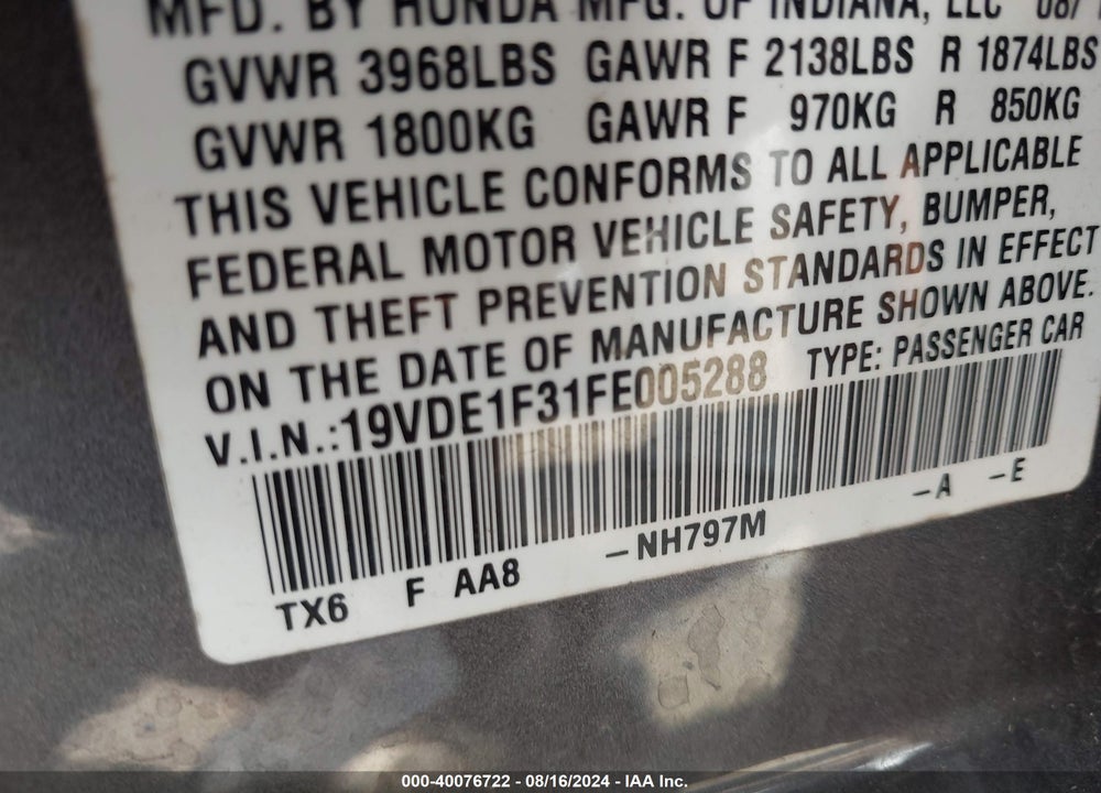 2015 ACURA ILX 2.0L VIN: 19VDE1F31FE005288