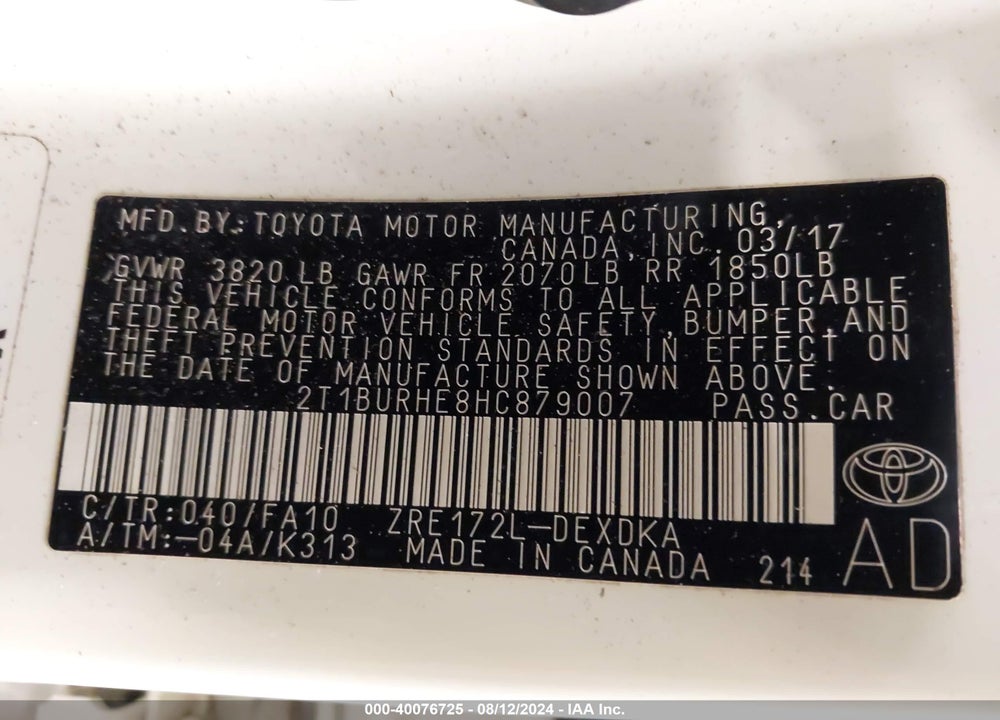 2017 TOYOTA COROLLA L VIN: 2T1BURHE8HC879007