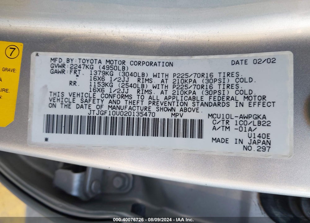 2002 LEXUS RX 300 VIN: JTJGF10U020135470