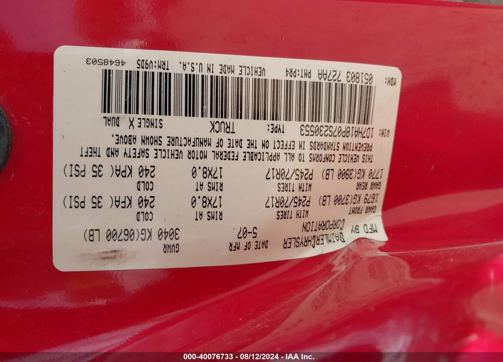 2007 DODGE RAM 1500 SLT VIN: 1D7HA18P07S230553