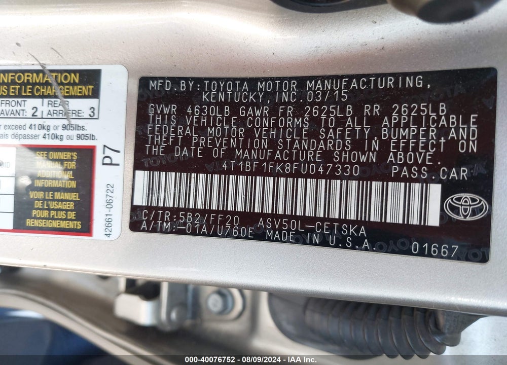 2015 TOYOTA CAMRY SE VIN: 4T1BF1FK8FU047330