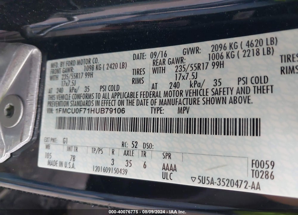 2017 FORD ESCAPE S VIN: 1FMCU0F71HUB79106