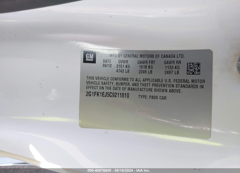 2012 CHEVROLET CAMARO 2SS VIN: 2G1FK1EJ5C9211810
