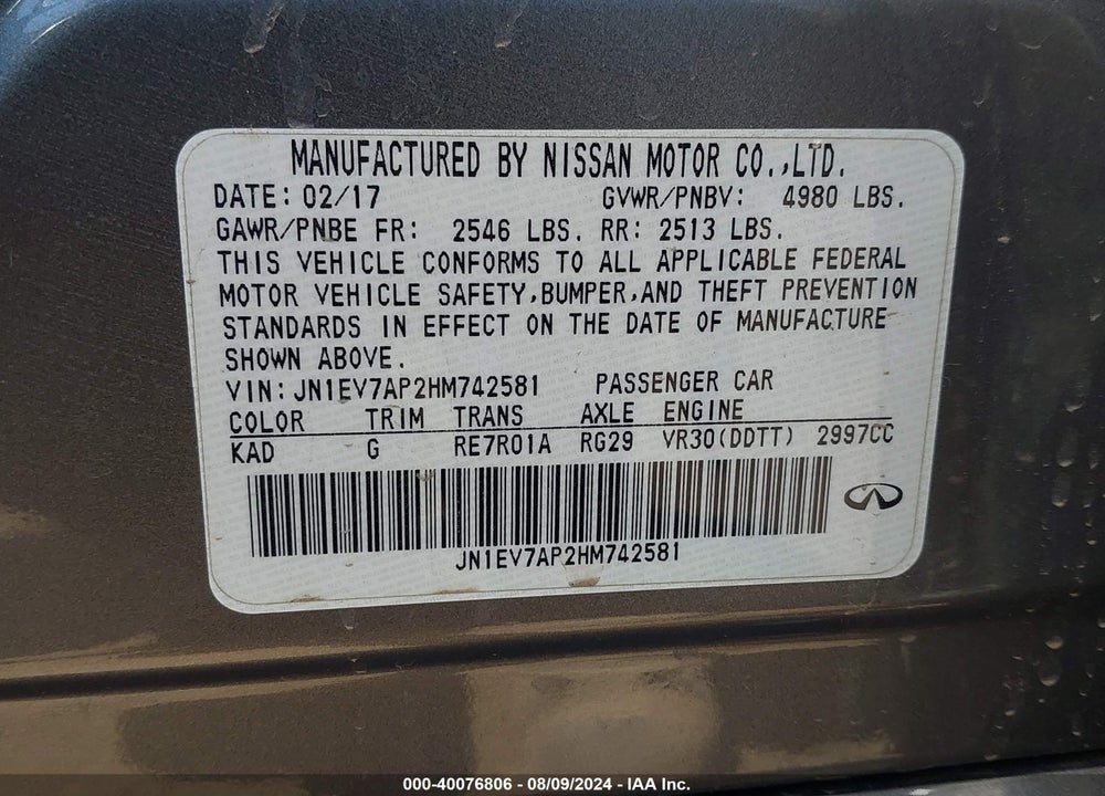 2017 INFINITI Q50 3.0T SIGNATURE EDITION VIN: JN1EV7AP2HM742581