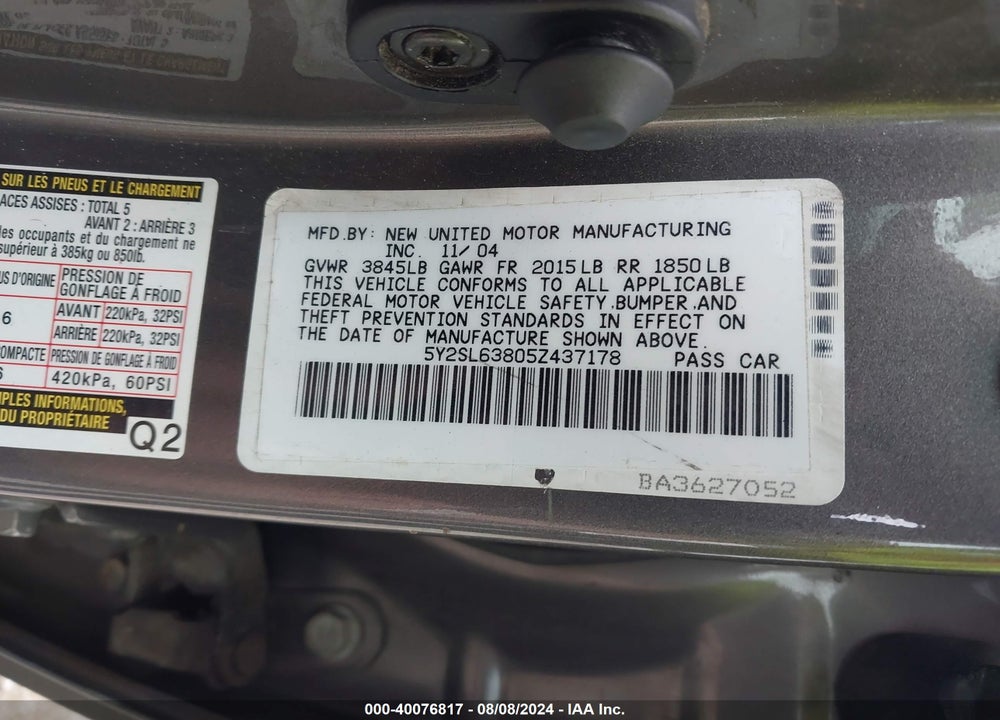 2005 PONTIAC VIBE VIN: 5Y2SL63805Z437178
