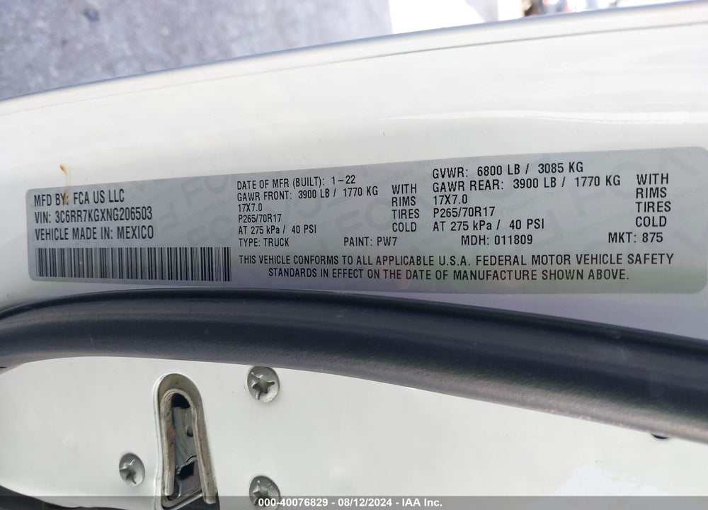 2022 RAM 1500 CLASSIC TRADESMAN 4X4 5'7 BOX VIN: 3C6RR7KGXNG206503