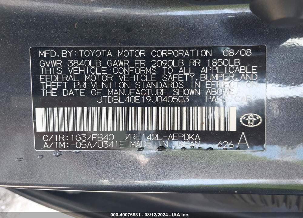 2009 TOYOTA COROLLA LE VIN: JTDBL40E19J040503