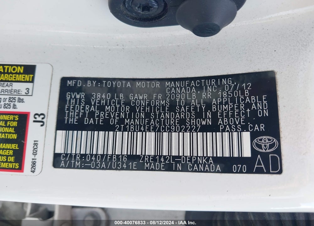 2012 TOYOTA COROLLA LE VIN: 2T1BU4EE7CC902227