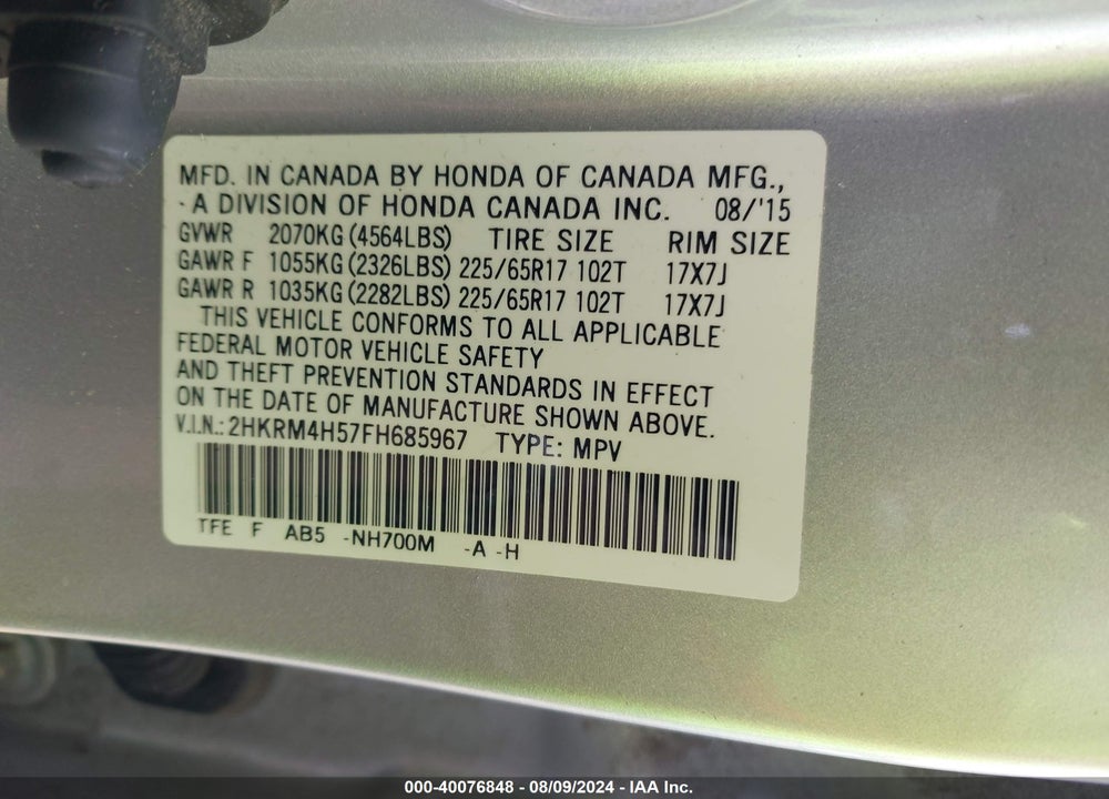 2015 HONDA CR-V EX VIN: 2HKRM4H57FH685967