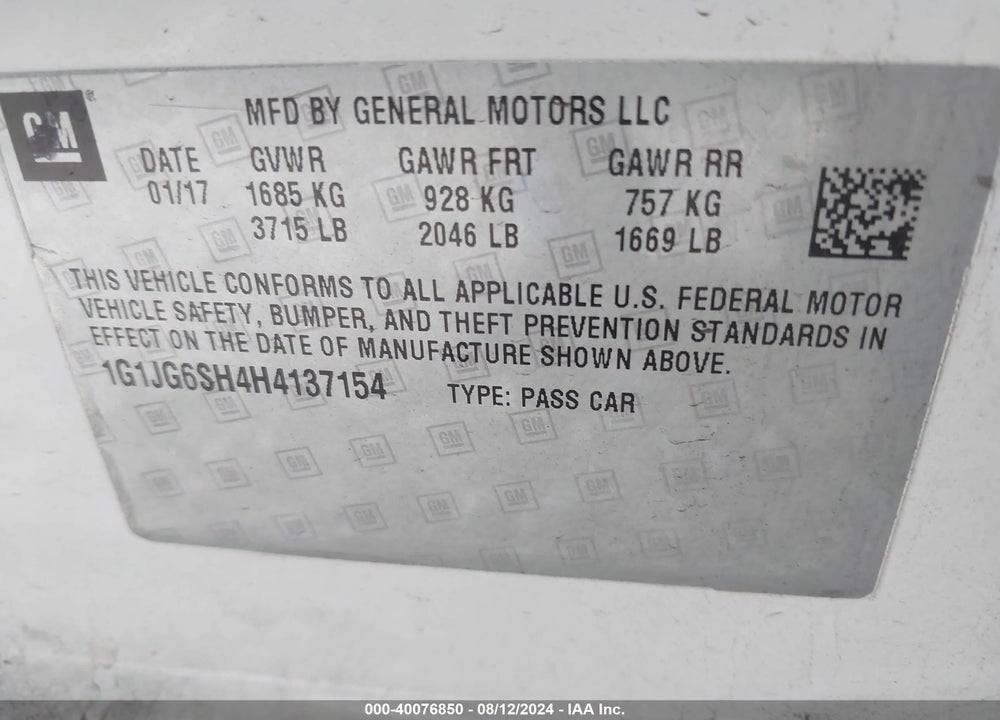 2017 CHEVROLET SONIC LT AUTO VIN: 1G1JG6SH4H4137154