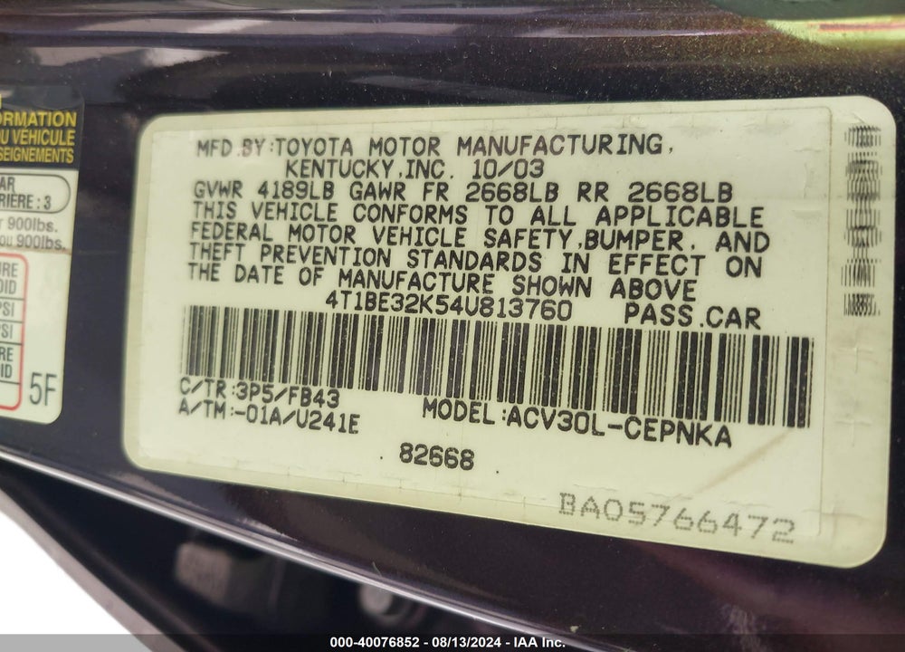 2004 TOYOTA CAMRY LE VIN: 4T1BE32K54U813760