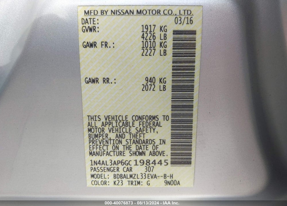 2016 NISSAN ALTIMA 2.5 SV VIN: 1N4AL3AP6GC198445