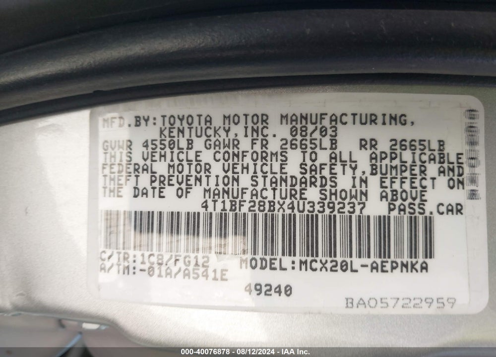 2004 TOYOTA AVALON XL VIN: 4T1BF28BX4U339237