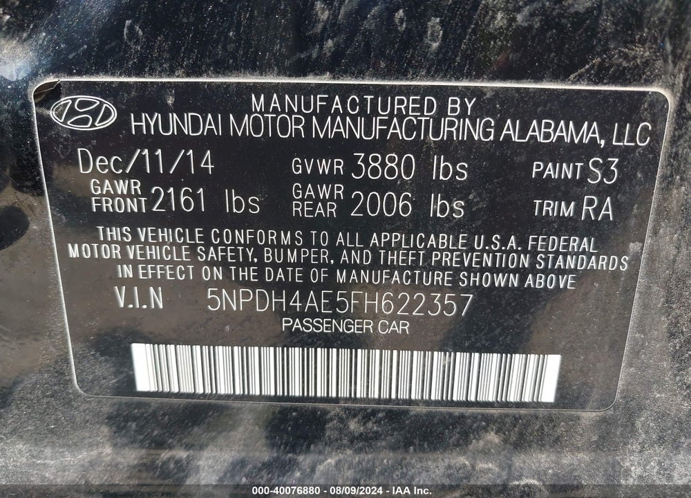 2015 HYUNDAI ELANTRA SE VIN: 5NPDH4AE5FH622357