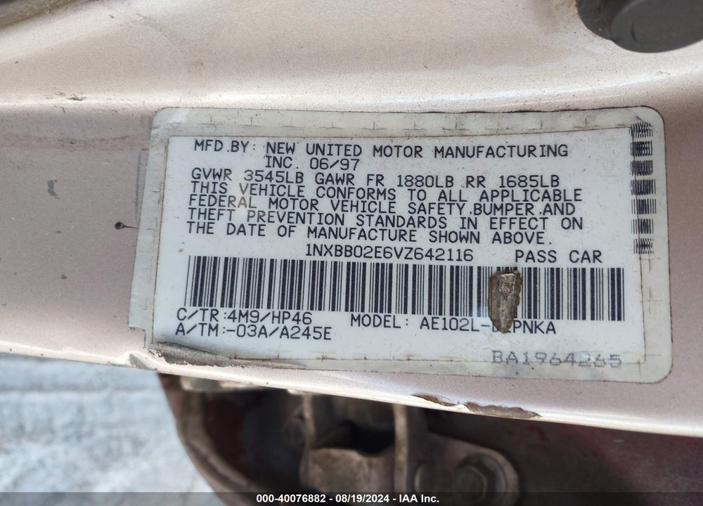 1997 TOYOTA COROLLA DX VIN: 1NXBB02E6VZ642116