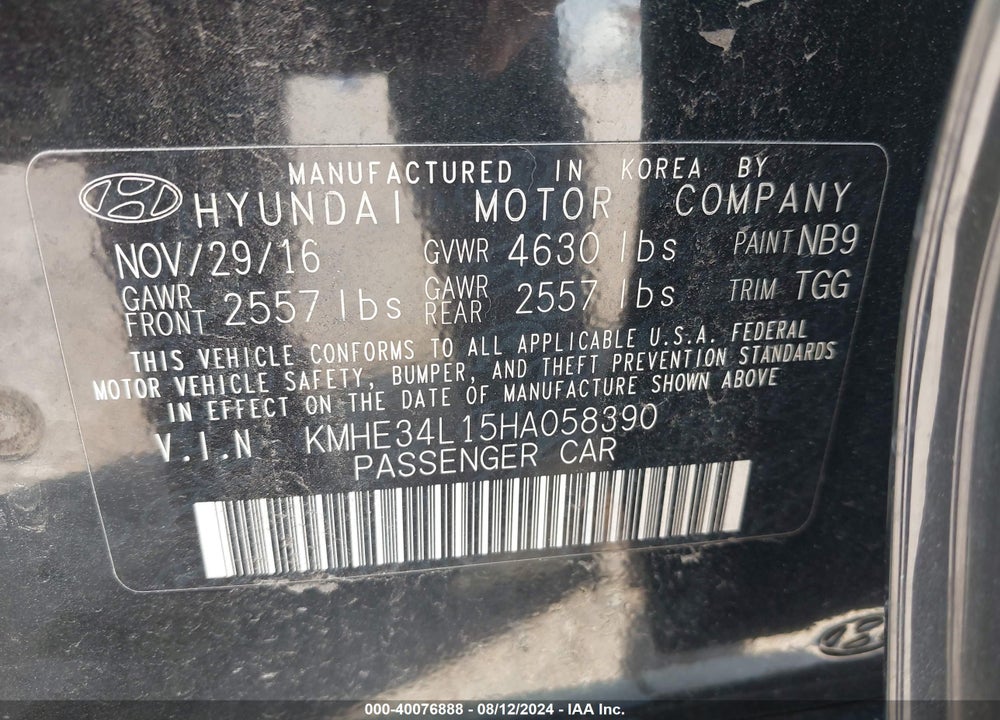 2017 HYUNDAI SONATA HYBRID LIMITED VIN: KMHE34L15HA058390