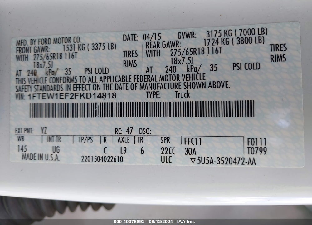 2015 FORD F-150 XLT VIN: 1FTEW1EF2FKD14818