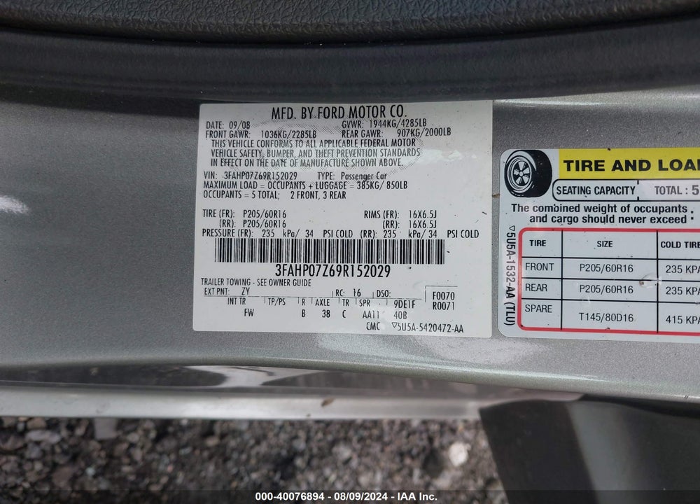 2009 FORD FUSION SE VIN: 3FAHP07Z69R152029