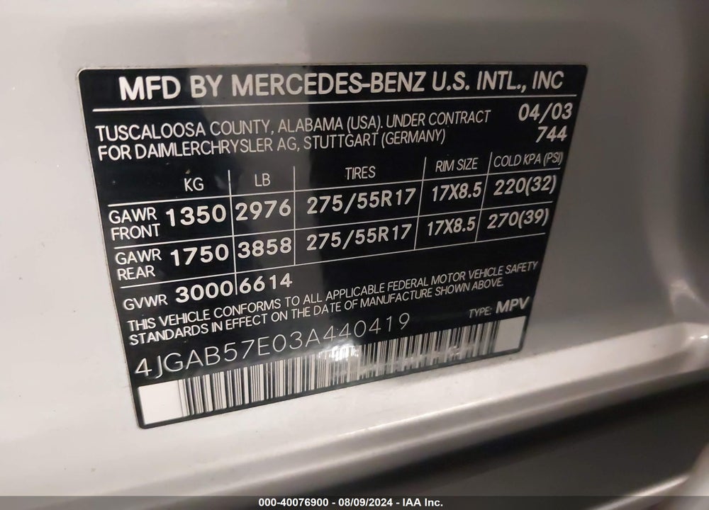 2003 MERCEDES-BENZ ML 350 VIN: 4JGAB57E03A440419