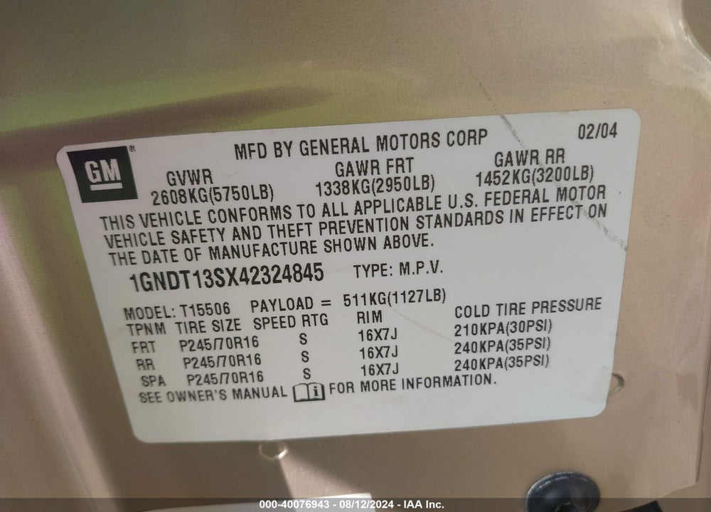 2004 CHEVROLET TRAILBLAZER LS VIN: 1GNDT13SX42324845