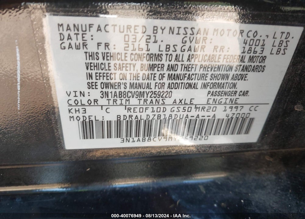 2021 NISSAN SENTRA SV XTRONIC CVT VIN: 3N1AB8CV9MY259220