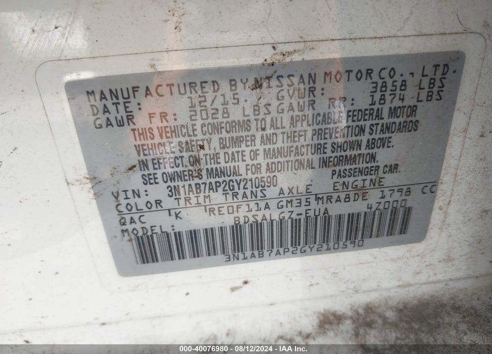 2016 NISSAN SENTRA SL VIN: 3N1AB7AP2GY210590