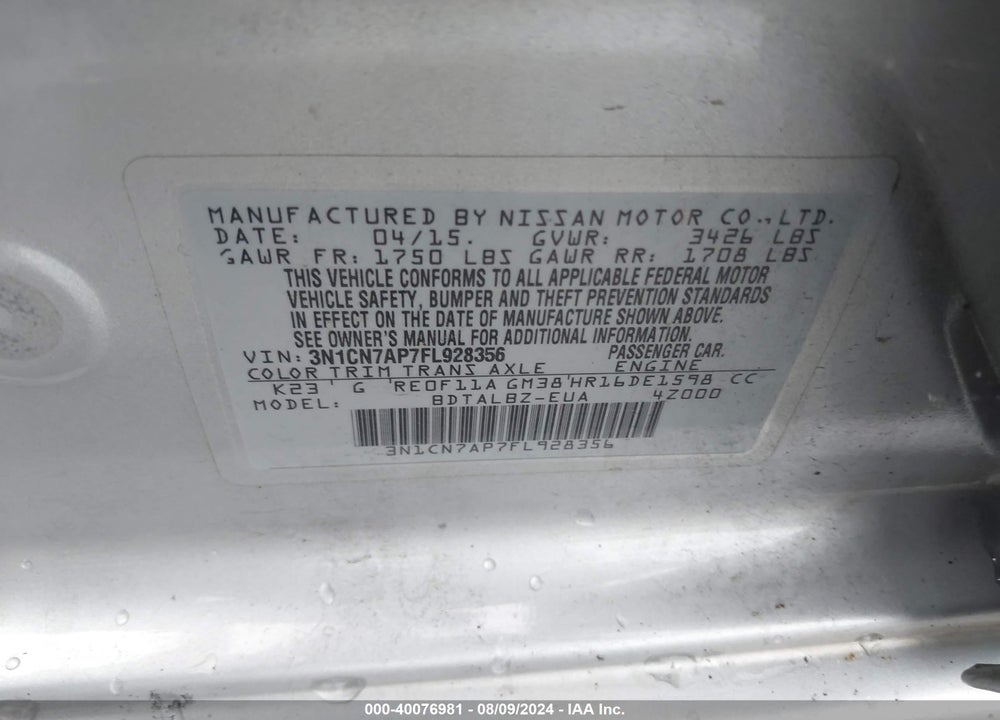 2015 NISSAN VERSA 1.6 SV VIN: 3N1CN7AP7FL928356
