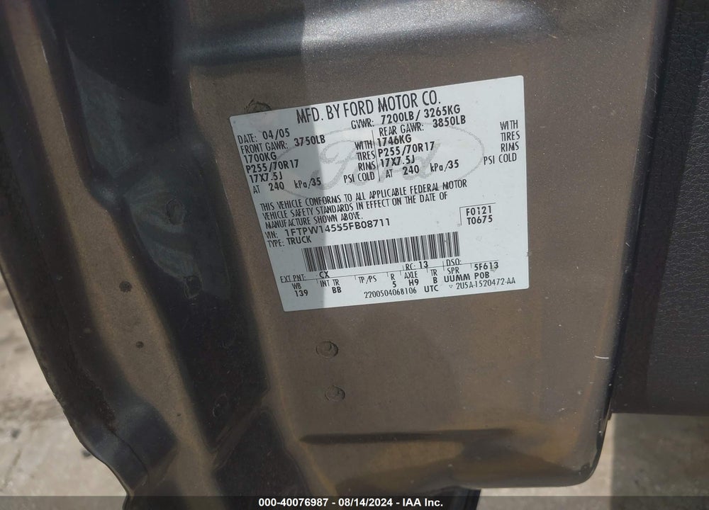 2005 FORD F-150 FX4/LARIAT/XLT VIN: 1FTPW14555FB08711