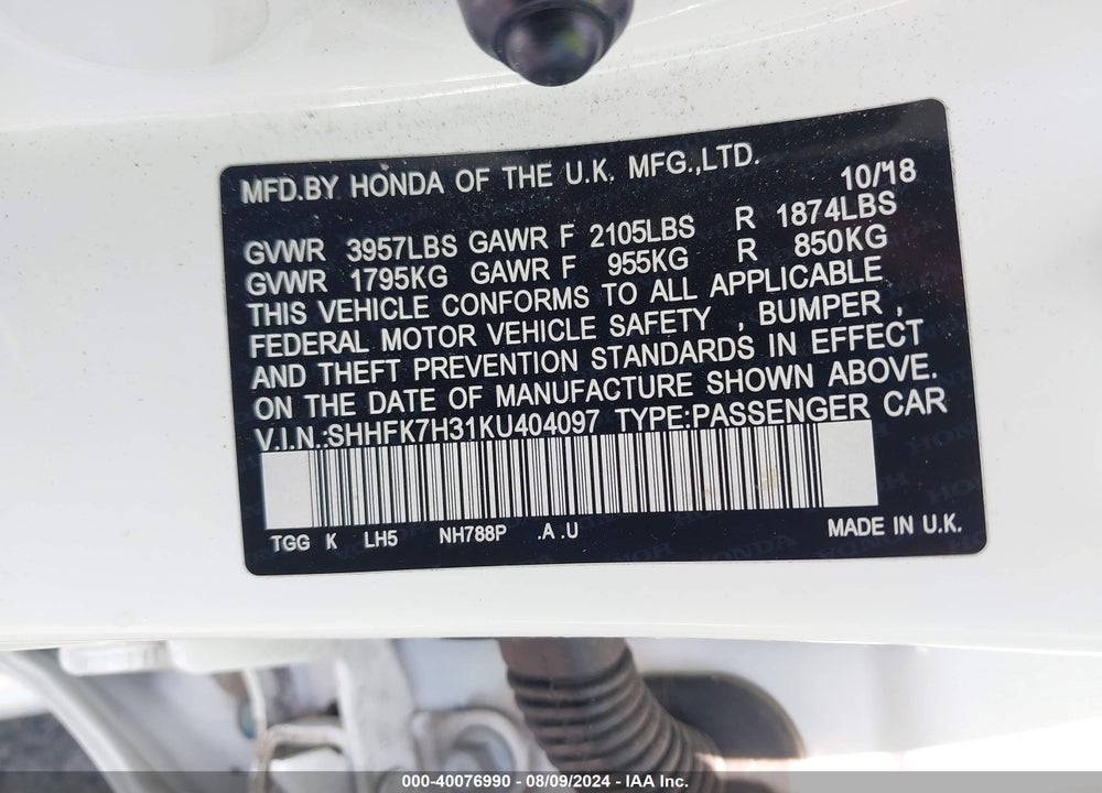 2019 HONDA CIVIC LX VIN: SHHFK7H31KU404097