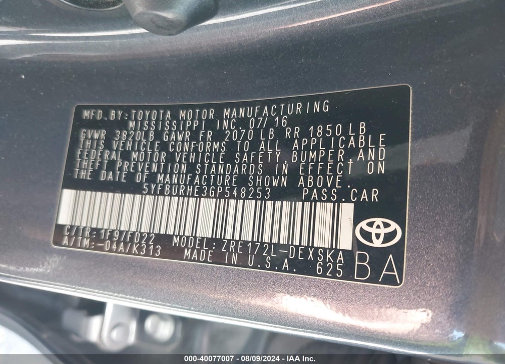 2016 TOYOTA COROLLA S PLUS VIN: 5YFBURHE3GP548253