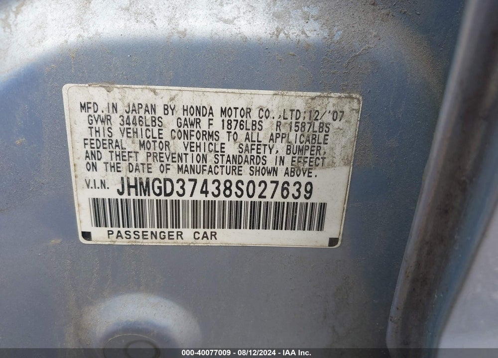 2008 HONDA FIT VIN: JHMGD37438S027639