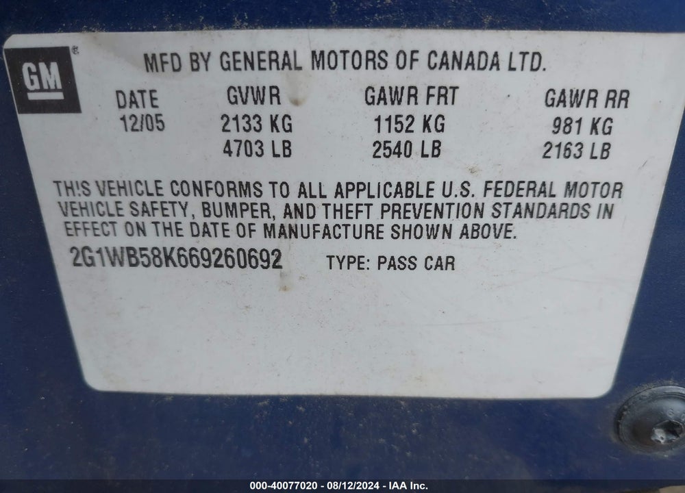 2006 CHEVROLET IMPALA LS VIN: 2G1WB58K669260692