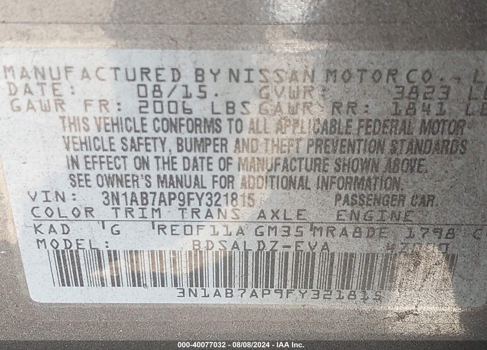 2015 NISSAN SENTRA SV VIN: 3N1AB7AP9FY321815